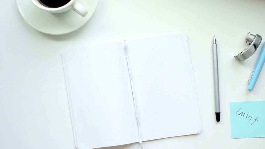 Open notebook with essay draft and pen on a clean desk