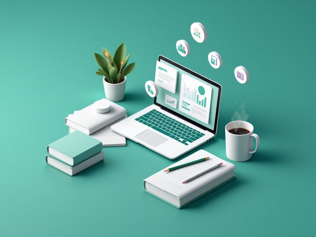 Isometric study desk with laptop, books and app icons for students